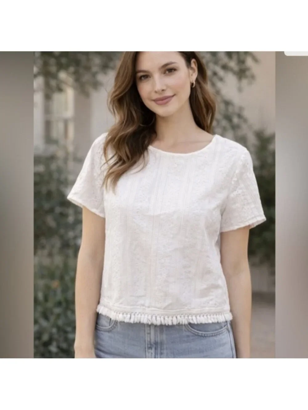 Michael Kors White Eyelit Fringe Short Sleeve Shirt